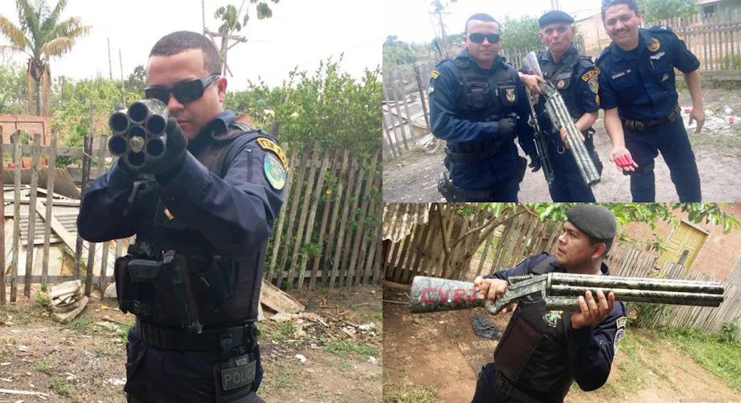 Security forces holding a seized handmade six-barreled shotgun, shown from the muzzle and the side