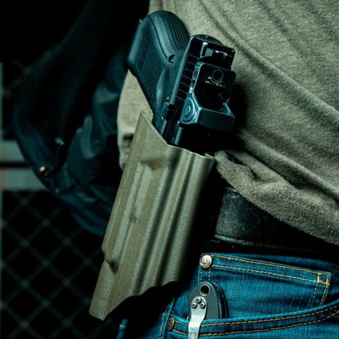 Ironside holster being worn outside the waistband on the hip