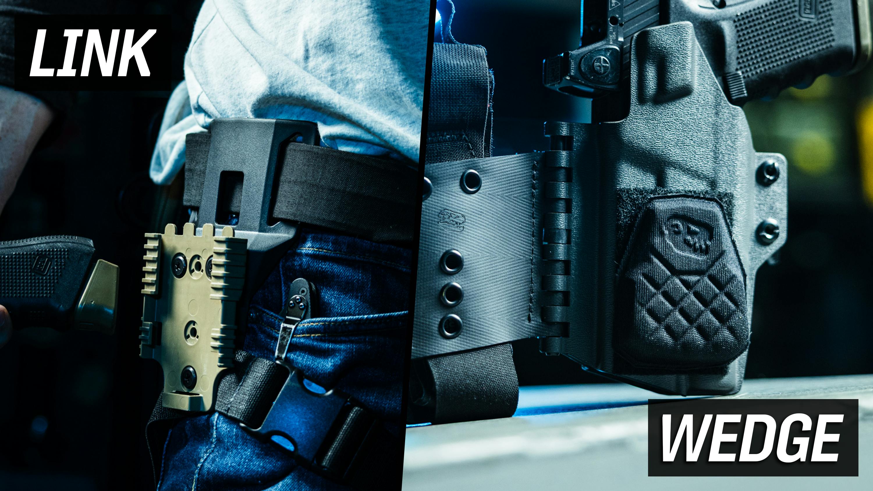Close view of T.REX LINK OWB belt loop and IWB holster wedge accessories