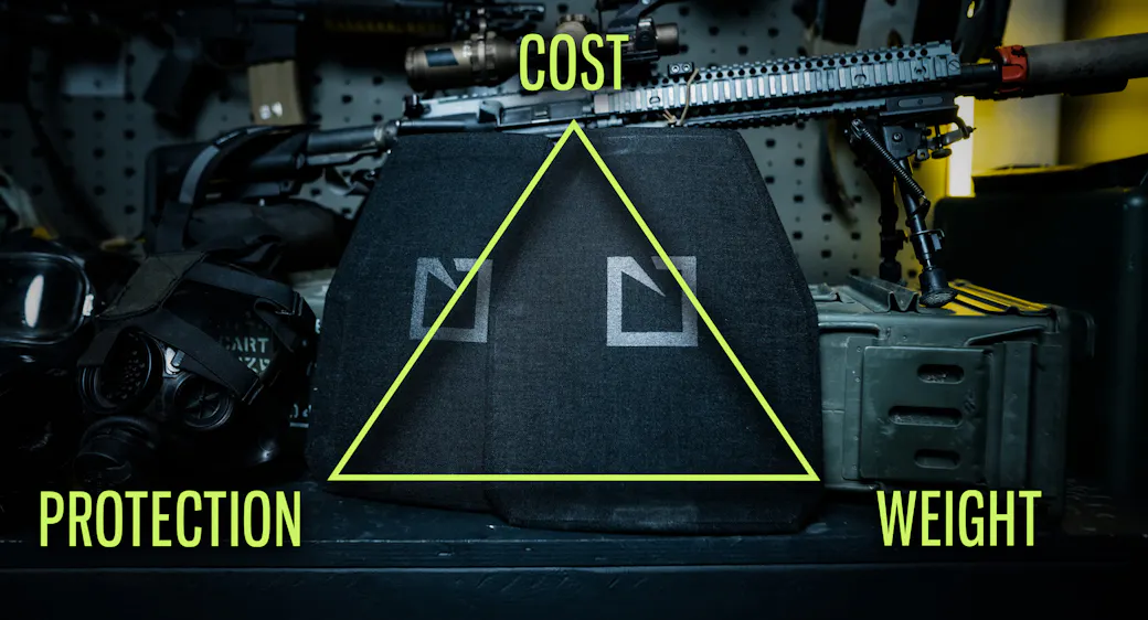 Cost, weight, and protection trade-off triangle diagram
